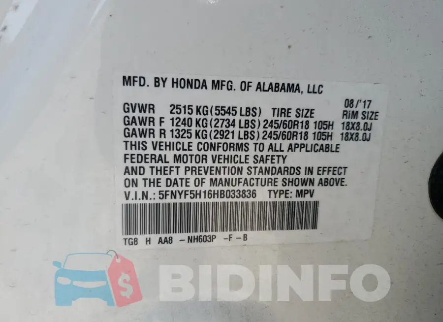5FNYF5H16HB033836 Photo# 14