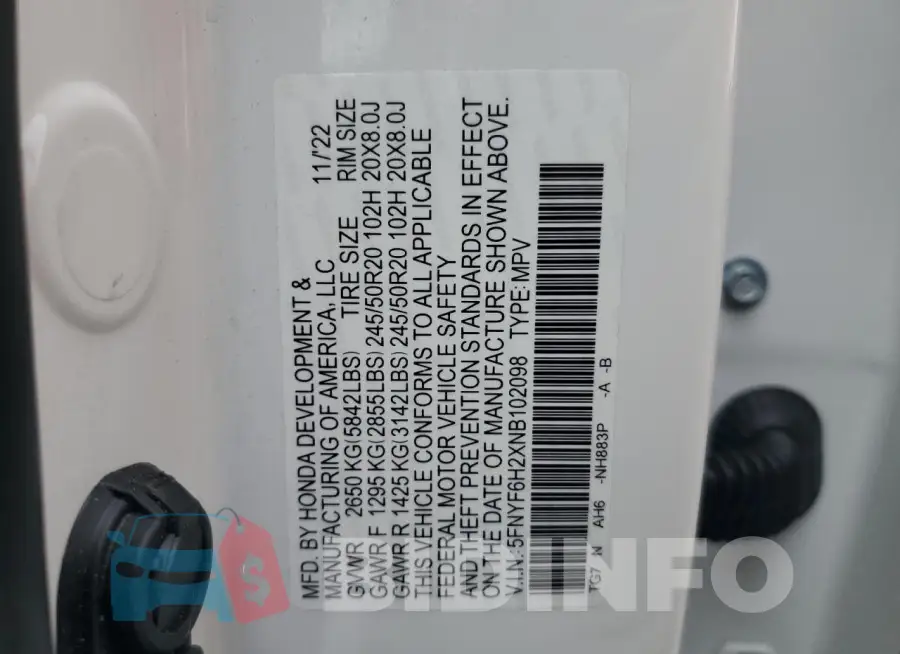 5FNYF6H2XNB102098 Photo# 12