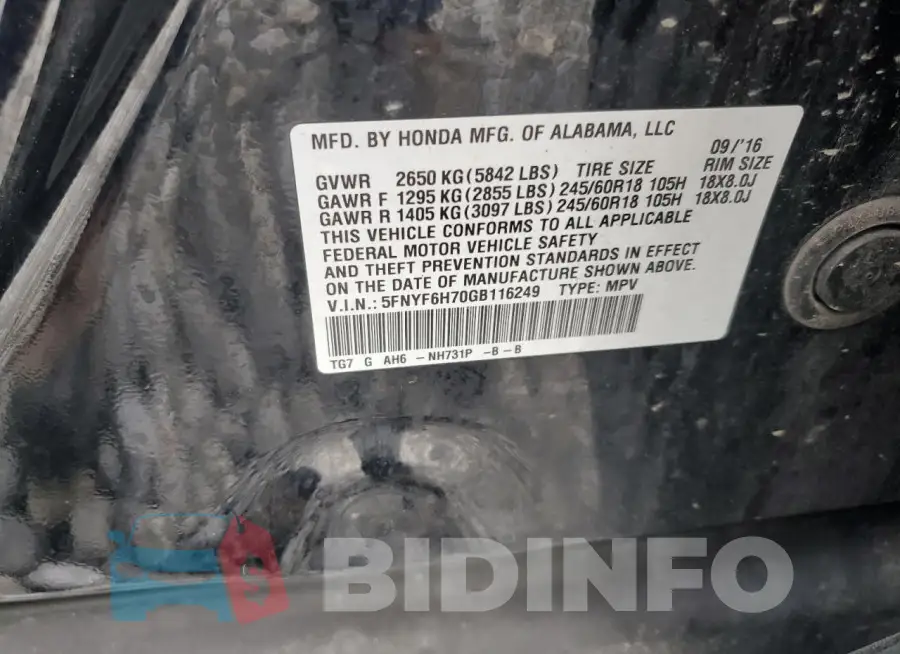 5FNYF6H70GB116249 Photo# 14
