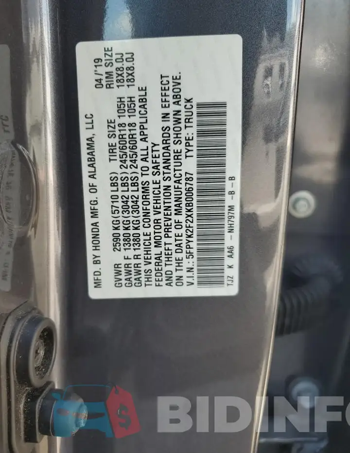 5FPYK2F2XKB006787 Photo# 12
