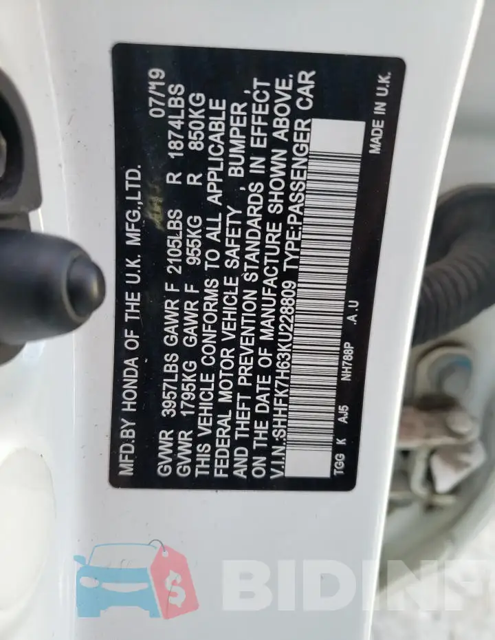 SHHFK7H63KU228809 Photo# 13