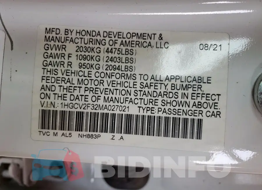 1HGCV2F32MA027021 Photo# 12