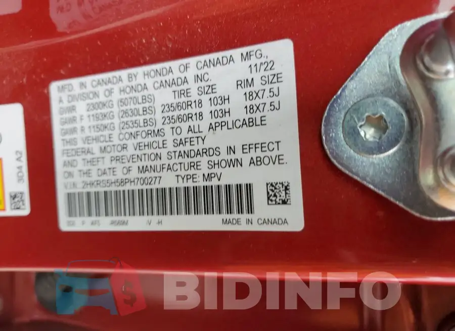 2HKRS5H58PH700277 Photo# 13
