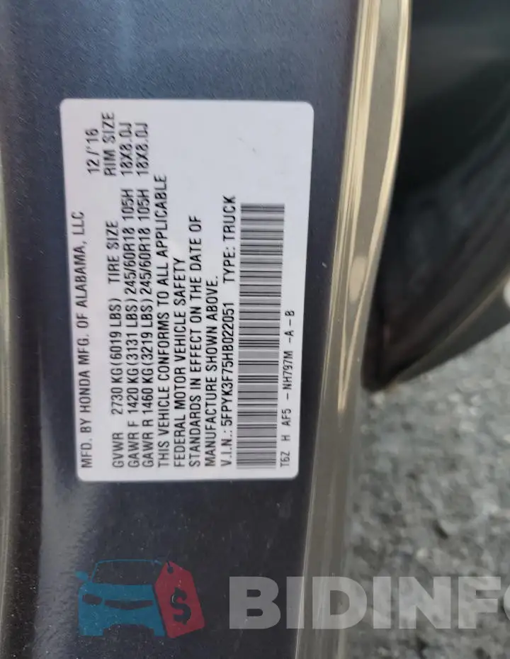 5FPYK3F75HB022051 Photo# 13