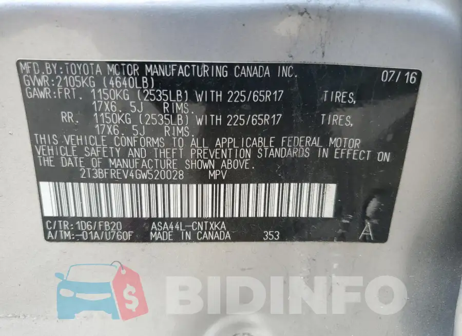 2T3BFREV4GW520028 Photo# 13