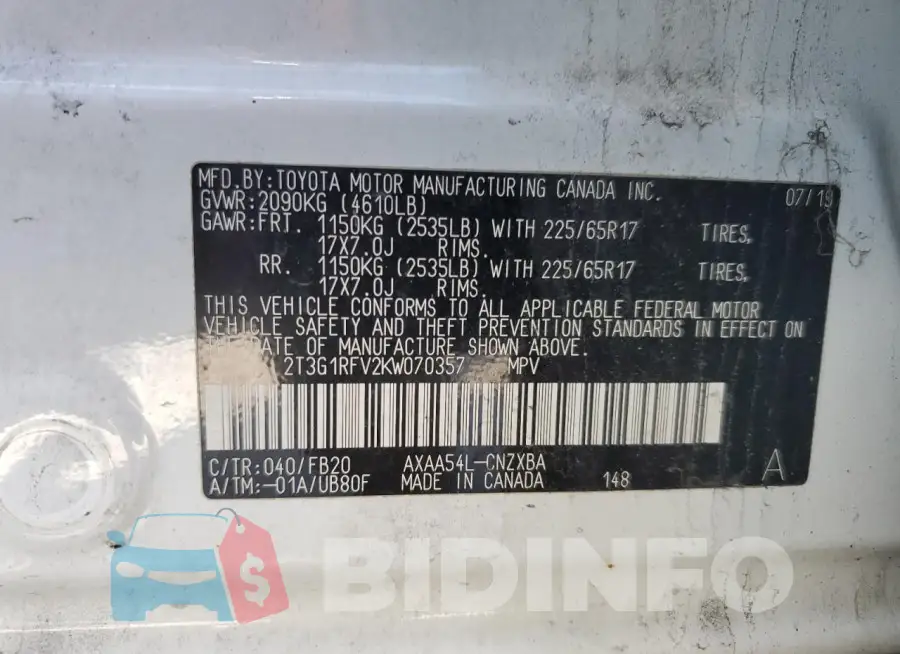 2T3G1RFV2KW070357 Photo# 14