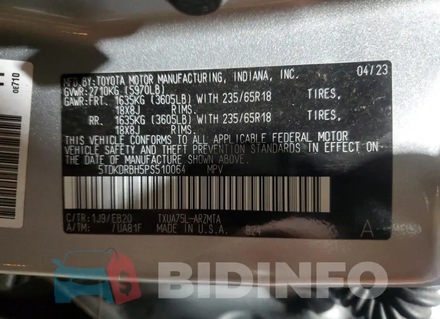 5TDKDRBH5PS510064 Photo# 12
