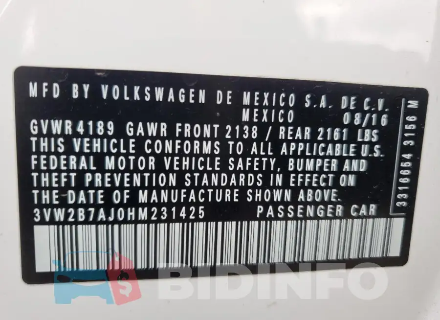 3VW2B7AJ0HM231425 Photo# 12
