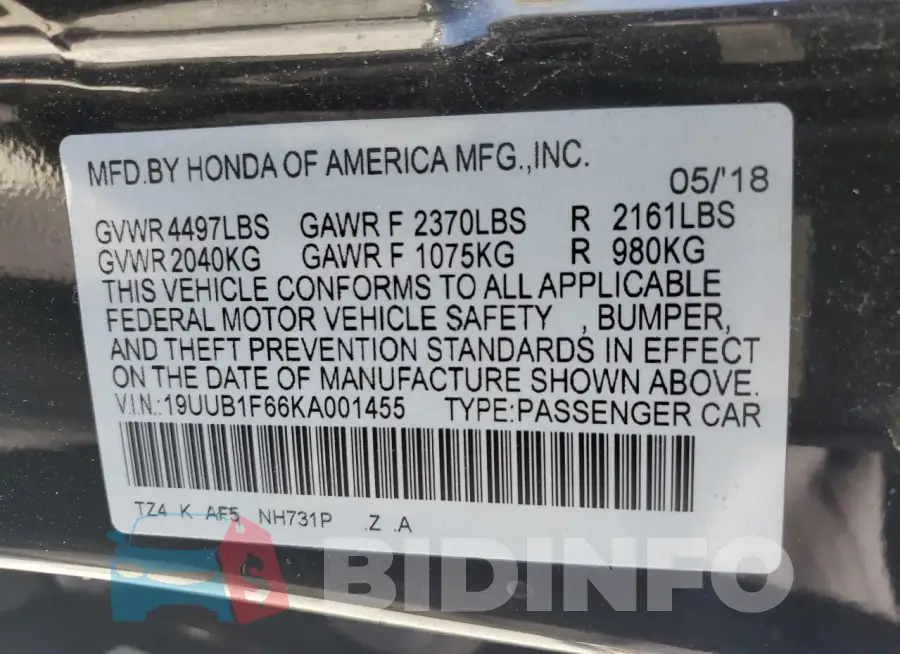 19UUB1F66KA001455 Photo# 12