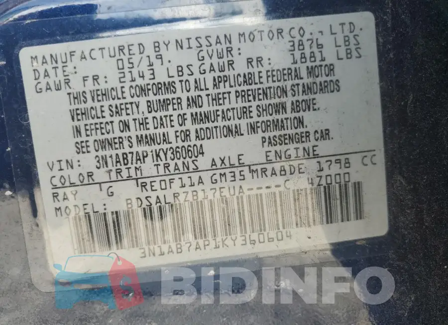 3N1AB7AP1KY360604 Photo# 13