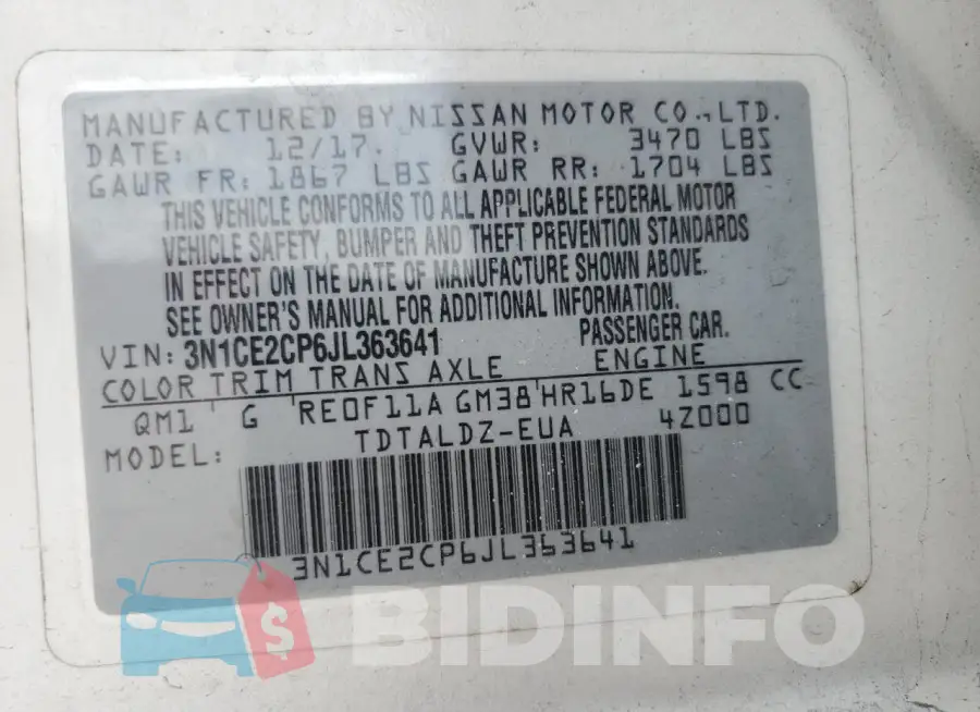 3N1CE2CP6JL363641 Photo# 12