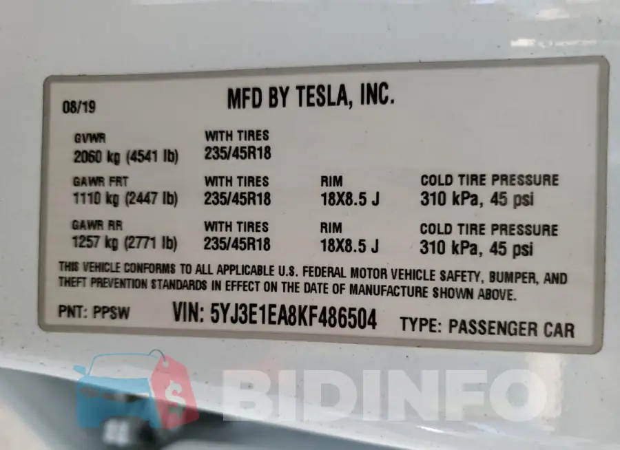 5YJ3E1EA8KF486504 Photo# 12