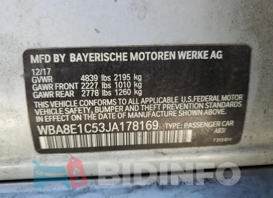 WBA8E1C53JA178169 Photo# 12