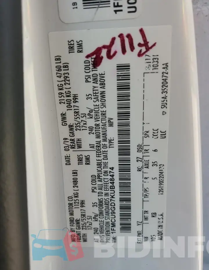 1FMCU9GD7KUB48474 Photo# 12
