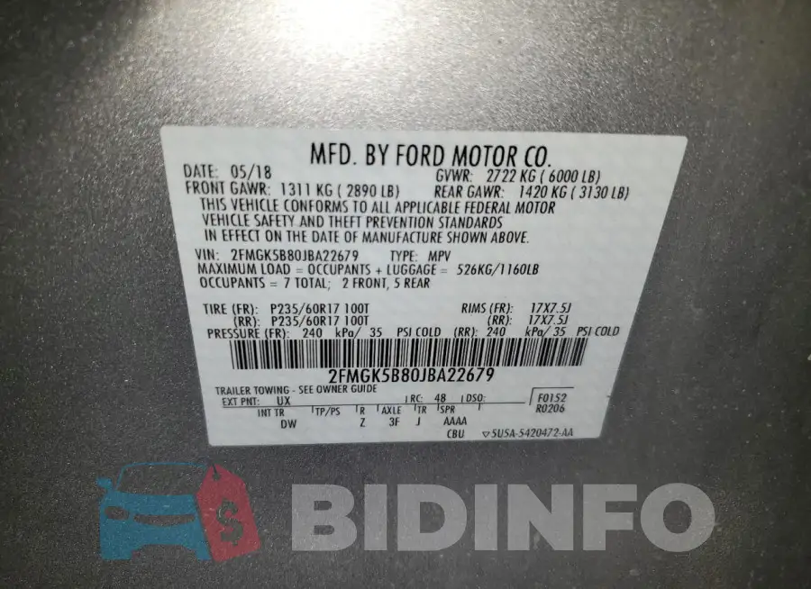 2FMGK5B80JBA22679 Photo# 13