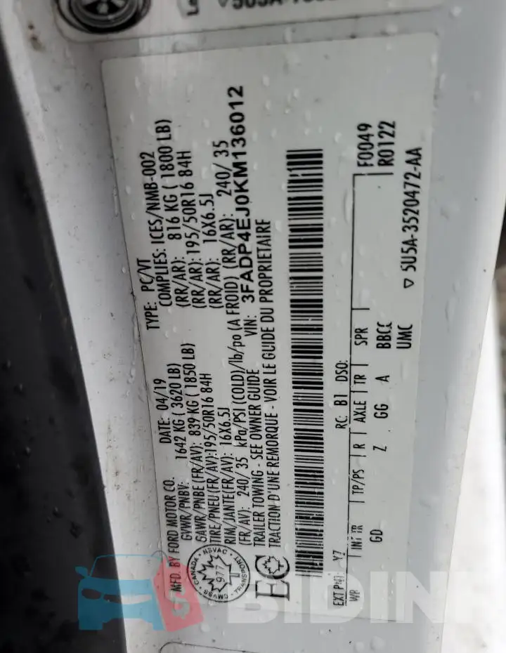 3FADP4EJ0KM136012 Photo# 12