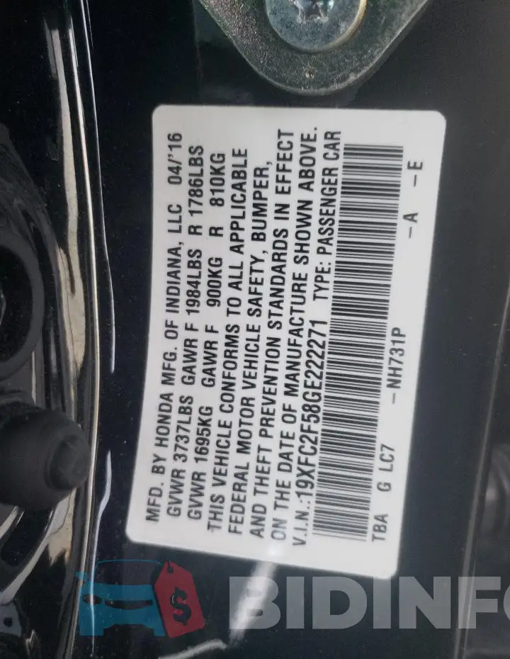 19XFC2F58GE222271 Photo# 13
