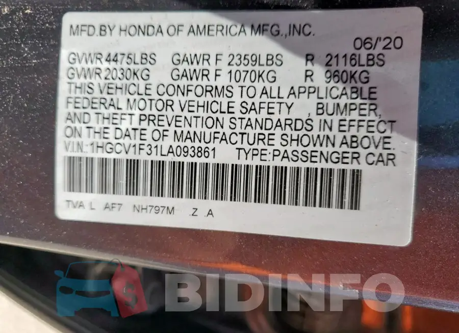 1HGCV1F31LA093861 Photo# 12