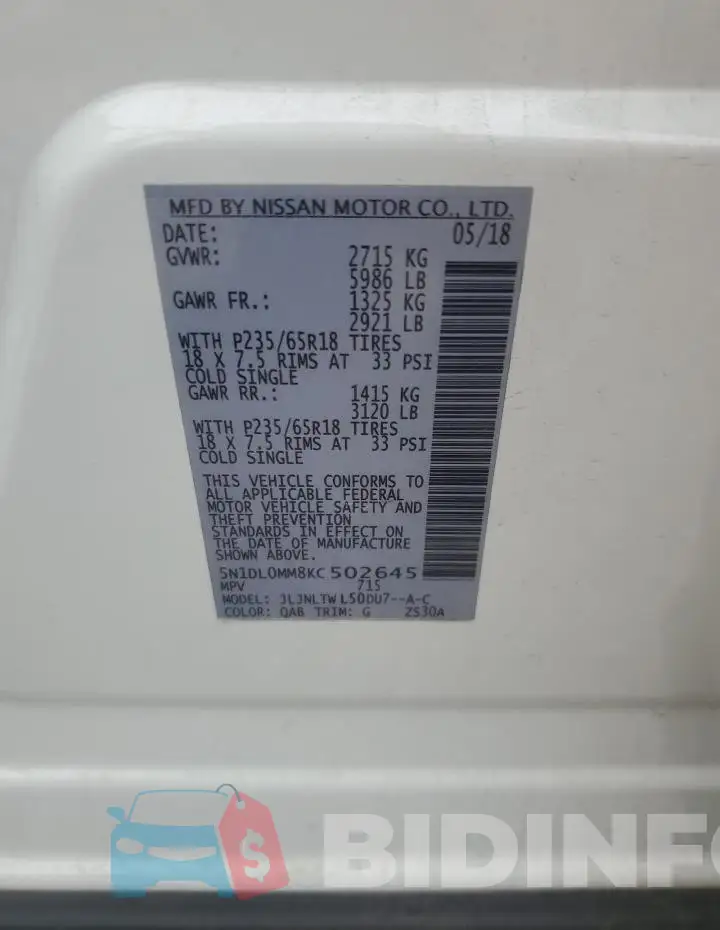 5N1DL0MM8KC502645 Photo# 13