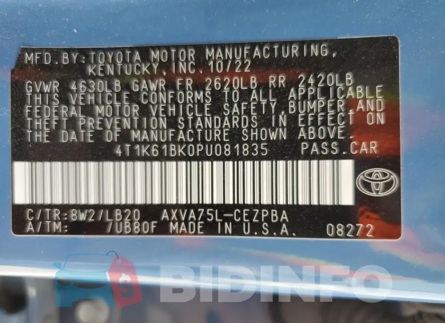 4T1K61BK0PU081835 Photo# 12