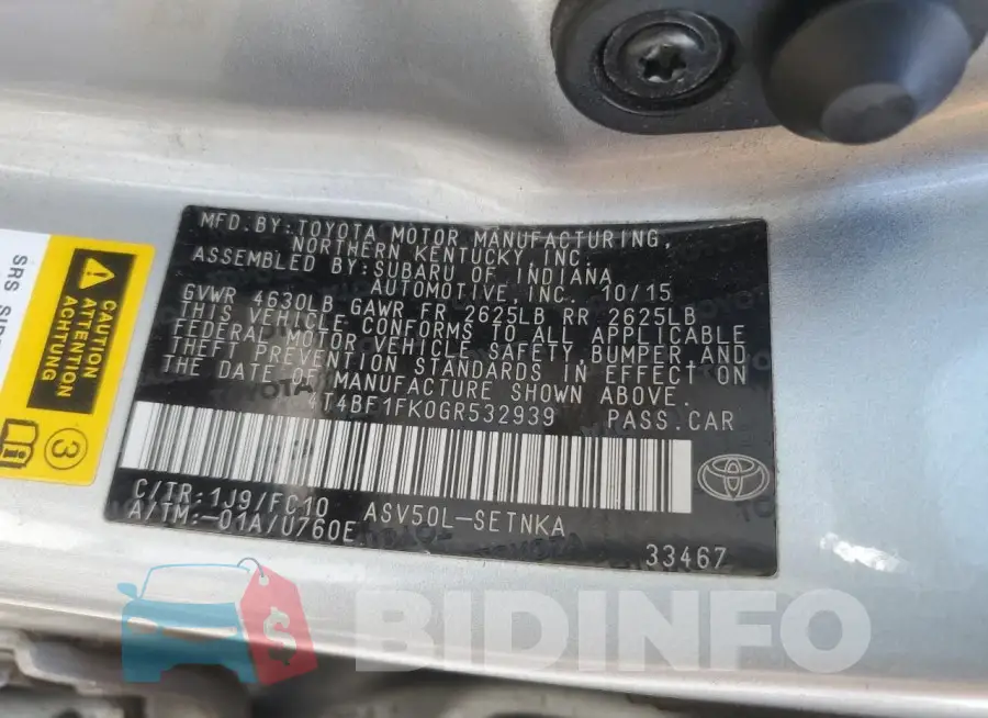 4T4BF1FK0GR532939 Photo# 12