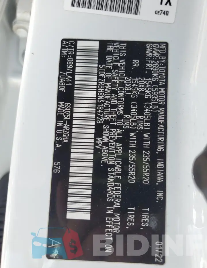 5TDFZRBH8NS184728 Photo# 14