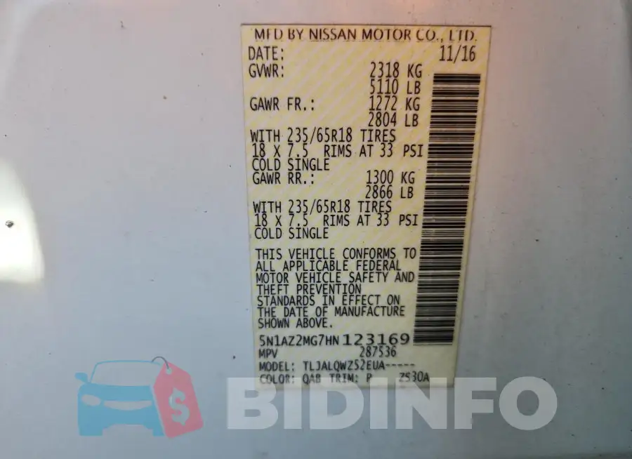 5N1AZ2MG7HN123169 Photo# 13