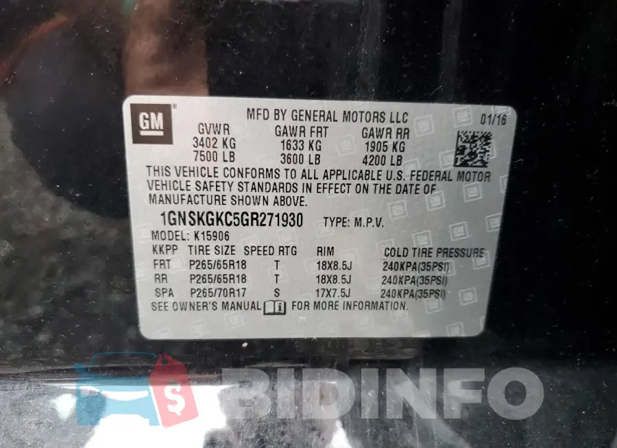 1GNSKGKC5GR271930 Photo# 13