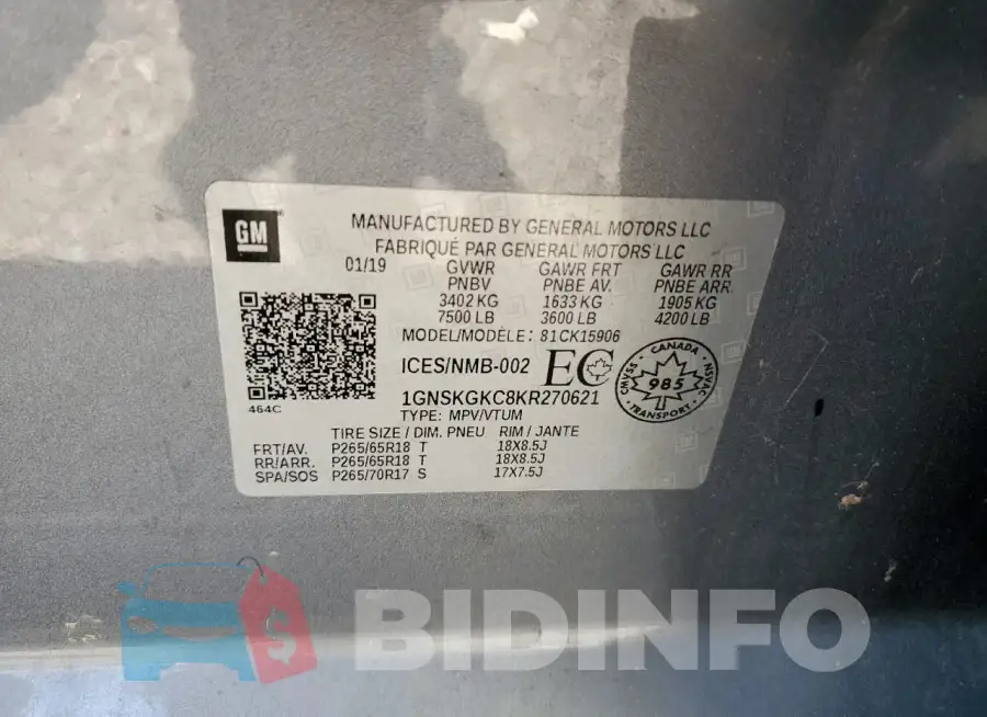 1GNSKGKC8KR270621 Photo# 13