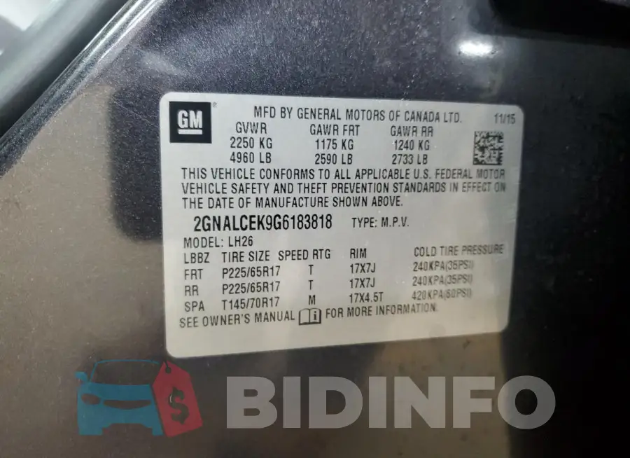 2GNALCEK9G6183818 Photo# 13