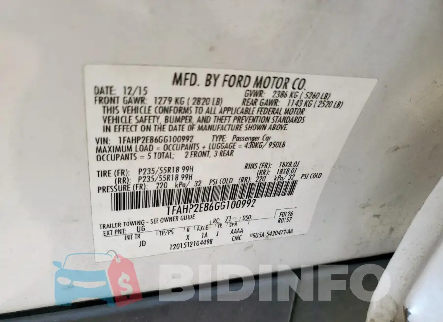 1FAHP2E86GG100992 Photo# 12