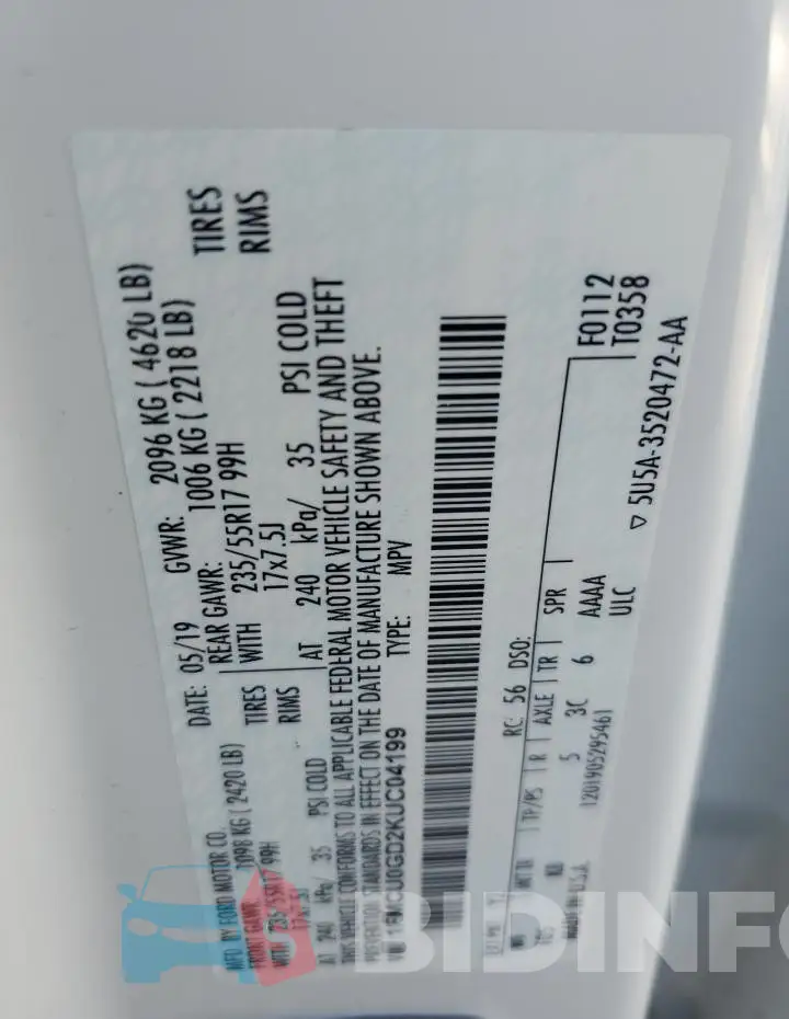 1FMCU0GD2KUC04199 Photo# 13