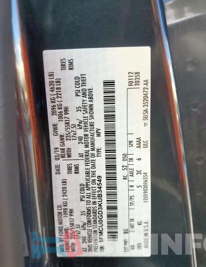 1FMCU0GD3KUB34549 Photo# 13