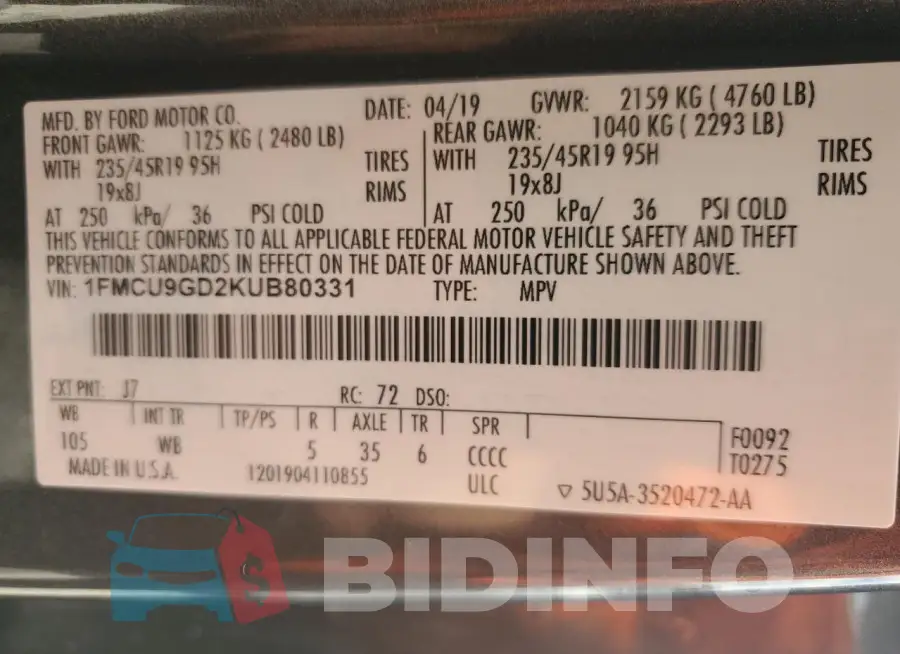 1FMCU9GD2KUB80331 Photo# 13
