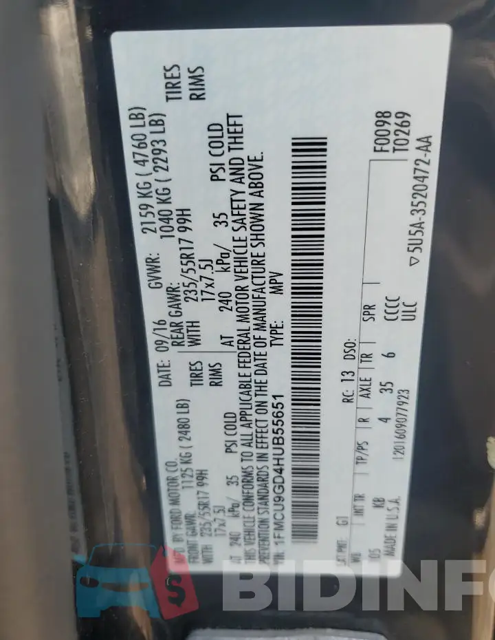 1FMCU9GD4HUB55651 Photo# 12