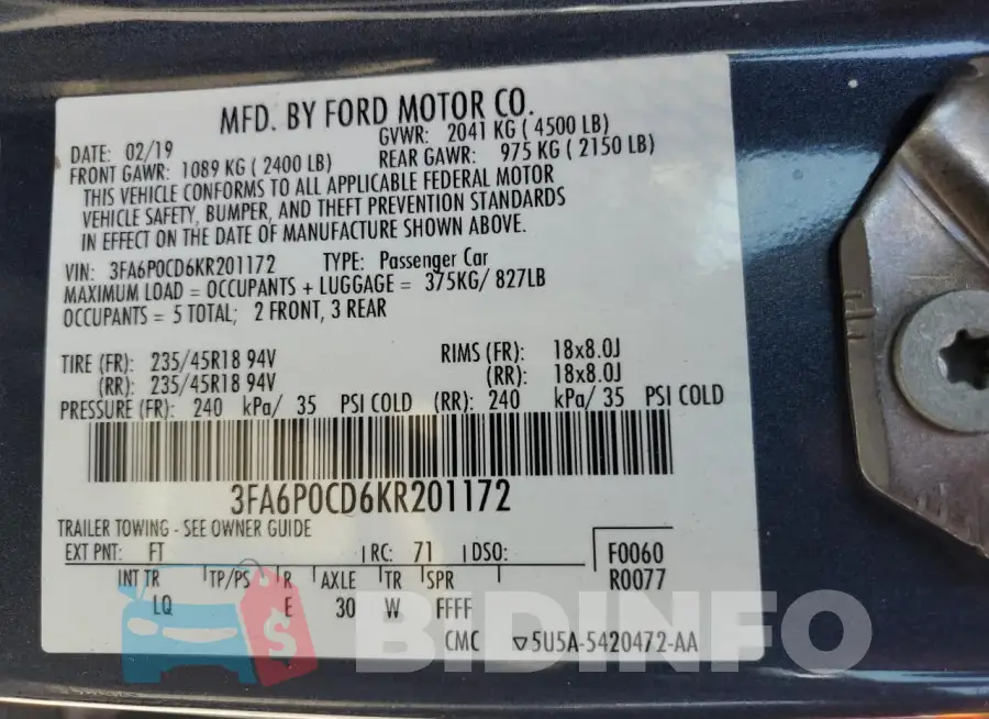 3FA6P0CD6KR201172 Photo# 12