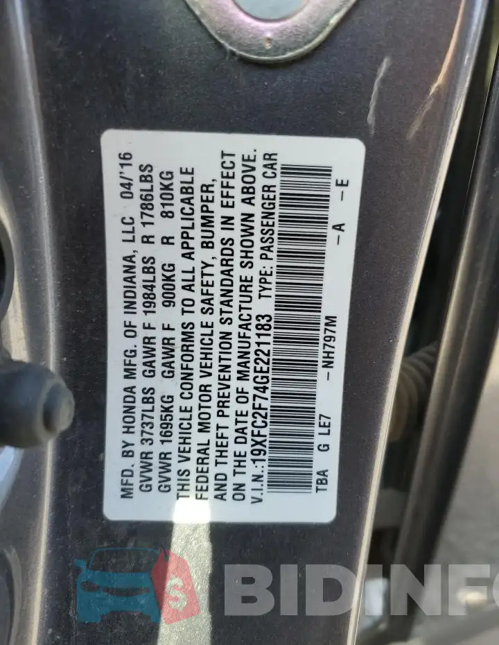 19XFC2F74GE221183 Photo# 12