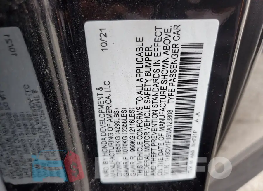 1HGCV1F16MA123808 Photo# 12