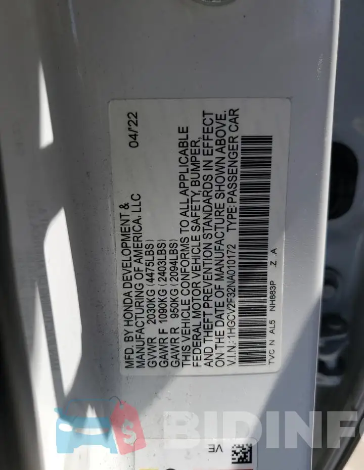 1HGCV2F32NA010172 Photo# 12