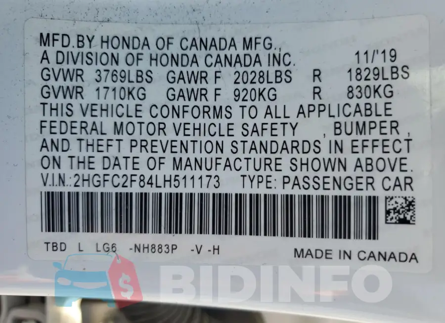 2HGFC2F84LH511173 Photo# 13