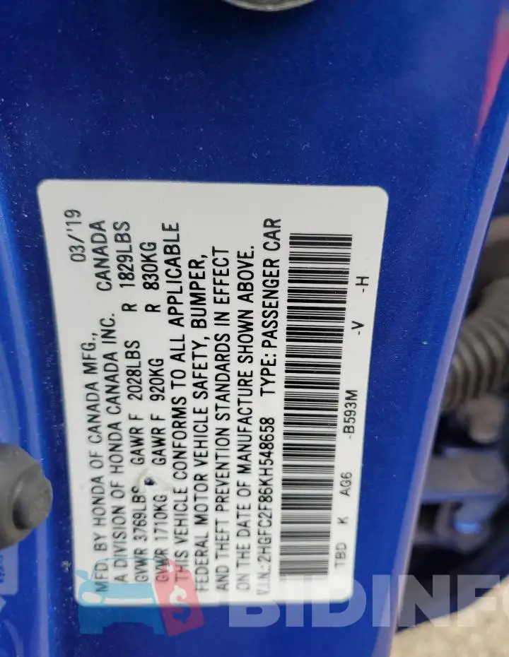2HGFC2F86KH548658 Photo# 12