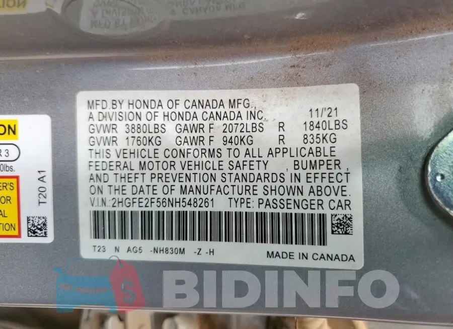 2HGFE2F56NH548261 Photo# 12