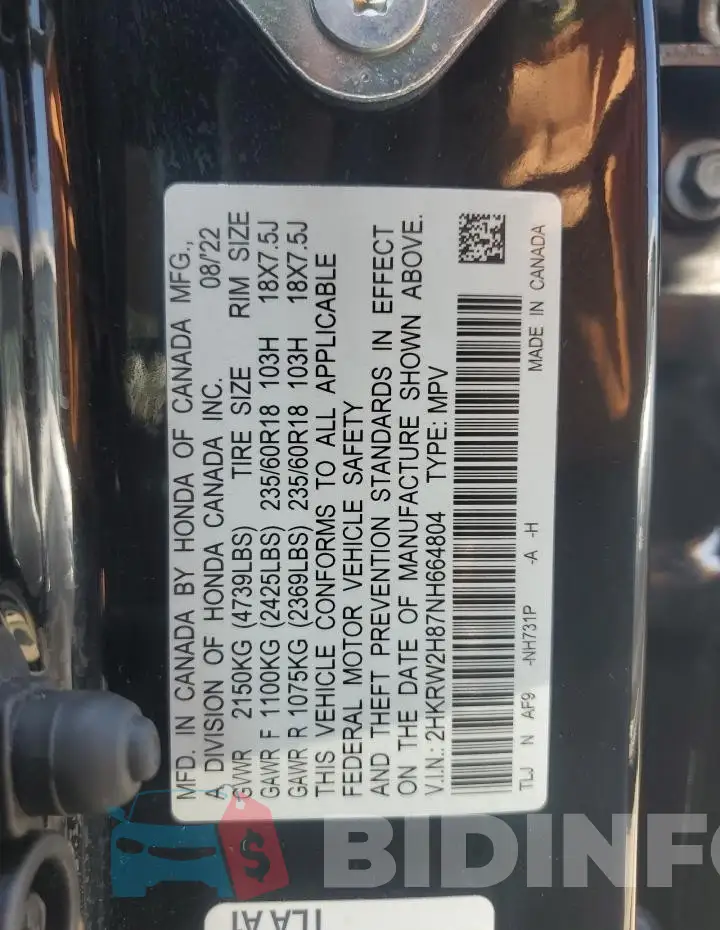 2HKRW2H87NH664804 Photo# 14