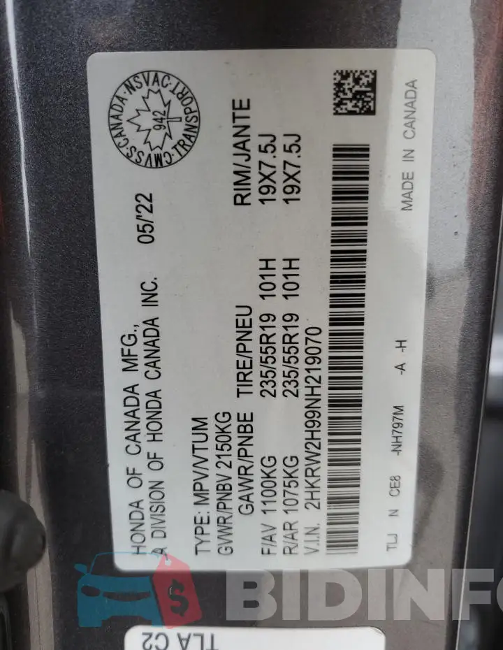 2HKRW2H99NH219070 Photo# 14