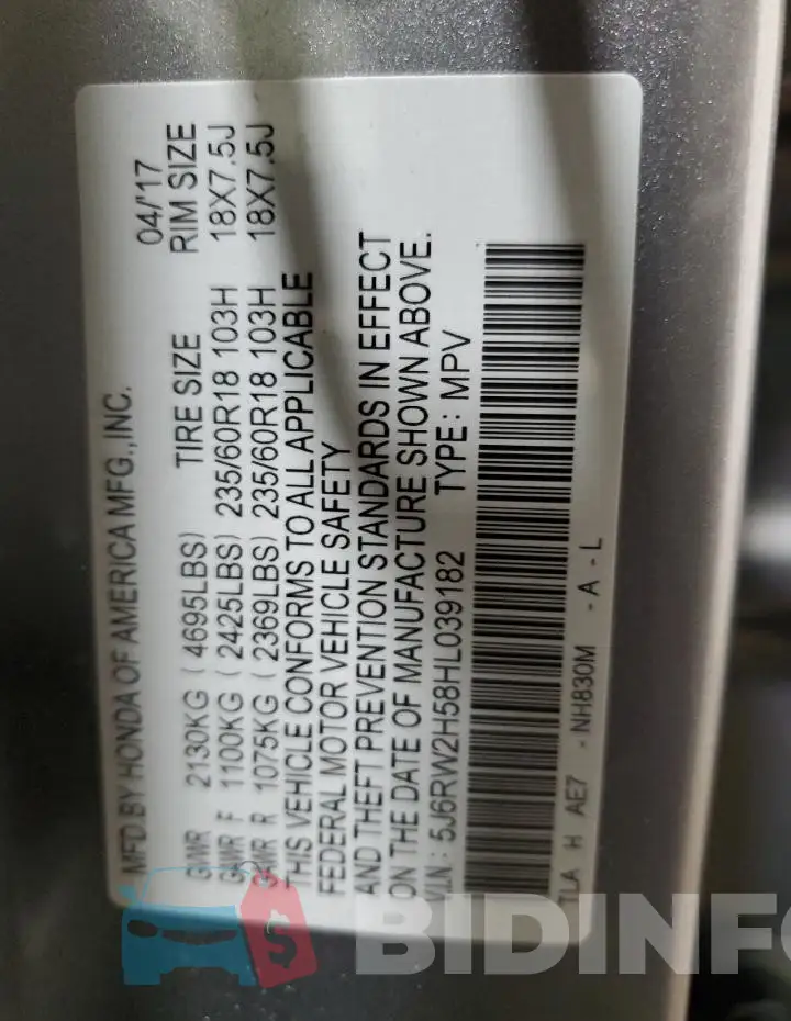 5J6RW2H58HL039182 Photo# 14