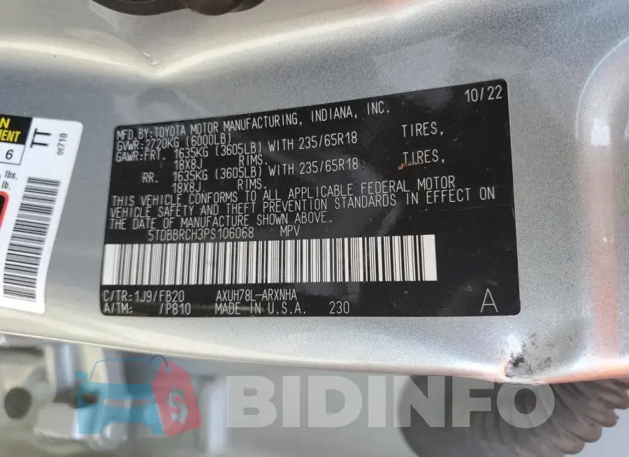 5TDBBRCH3PS106068 Photo# 13