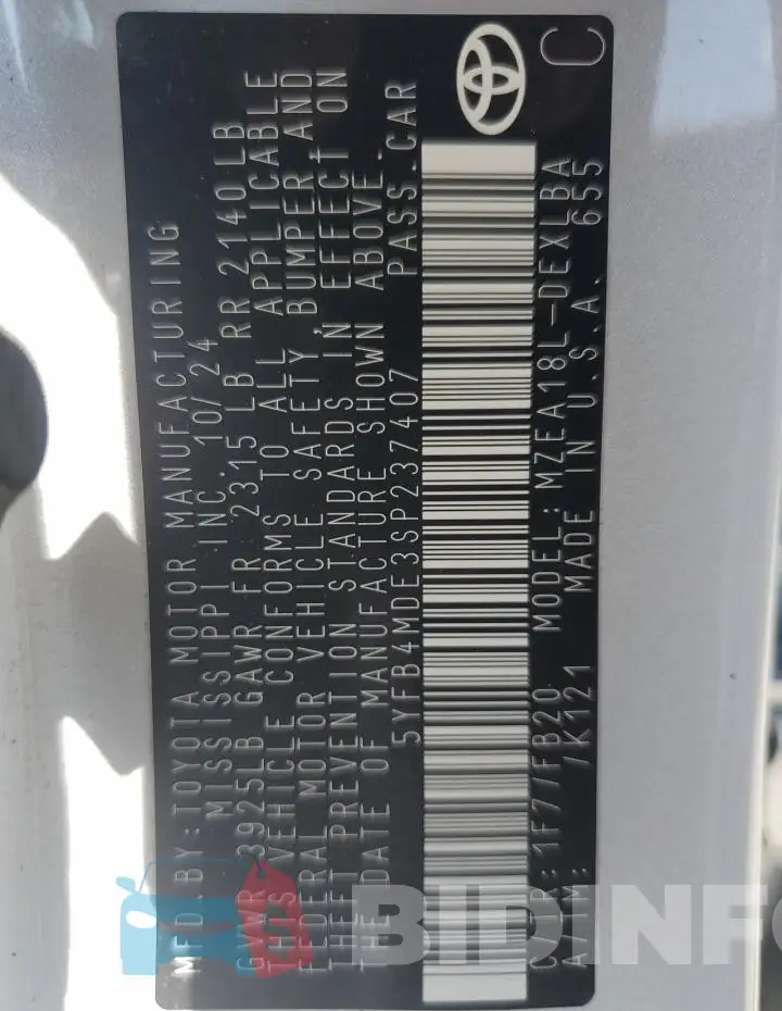 5YFB4MDE3SP237407 Photo# 12