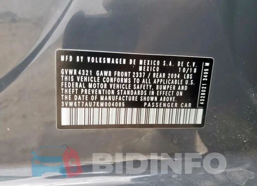 3VW6T7AU7KM004085 Photo# 12