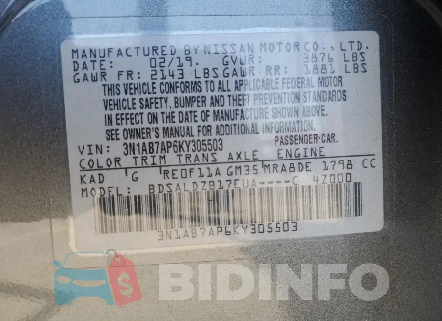 3N1AB7AP6KY305503 Photo# 12