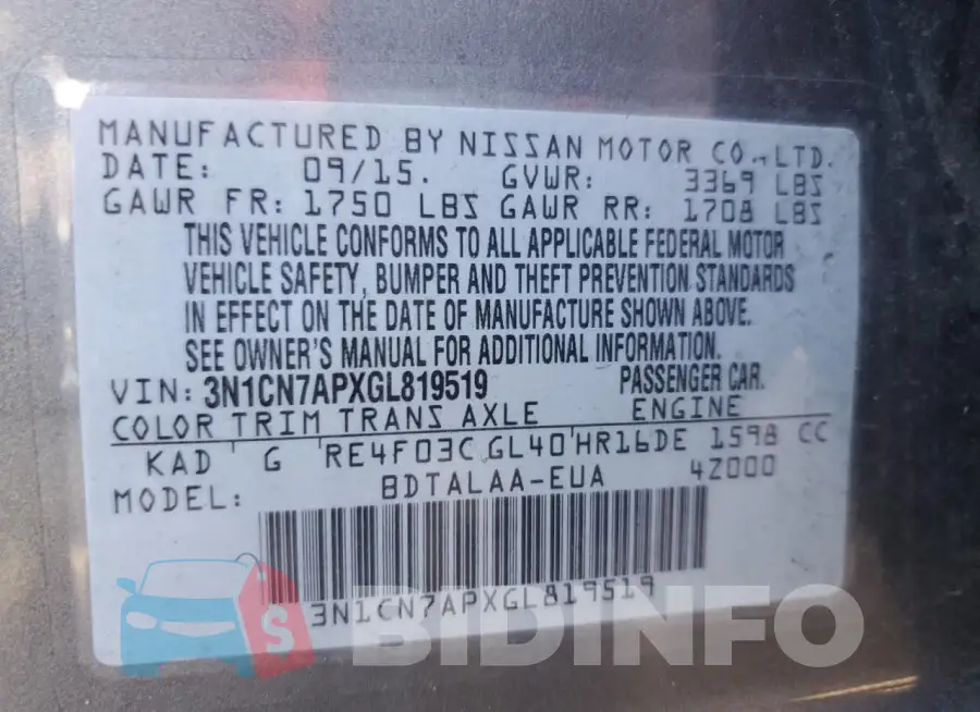 3N1CN7APXGL819519 Photo# 12
